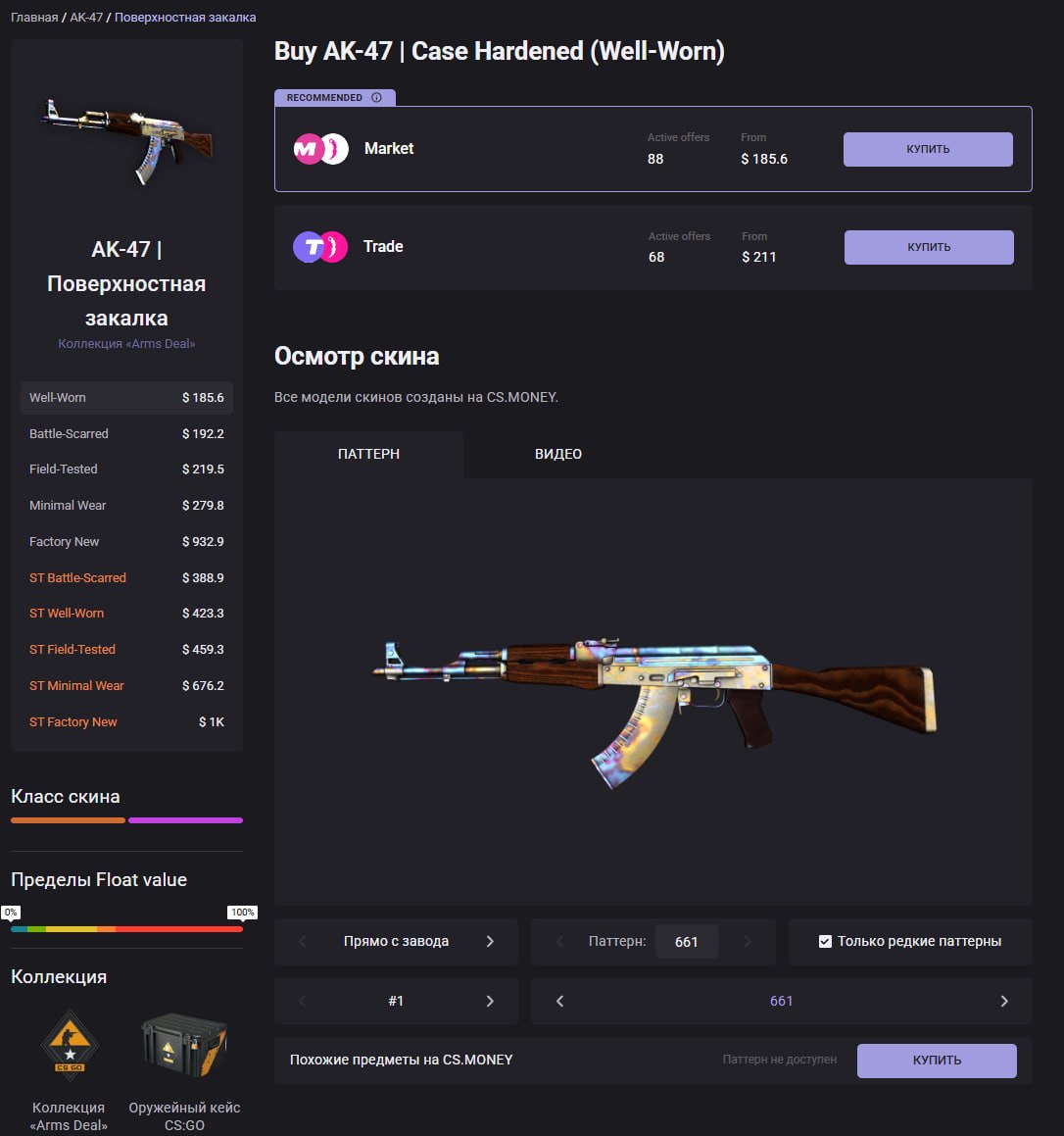 Илл. 52. Скрин страницы CS.MONEY с паттернами AK-47 | Case Hardened